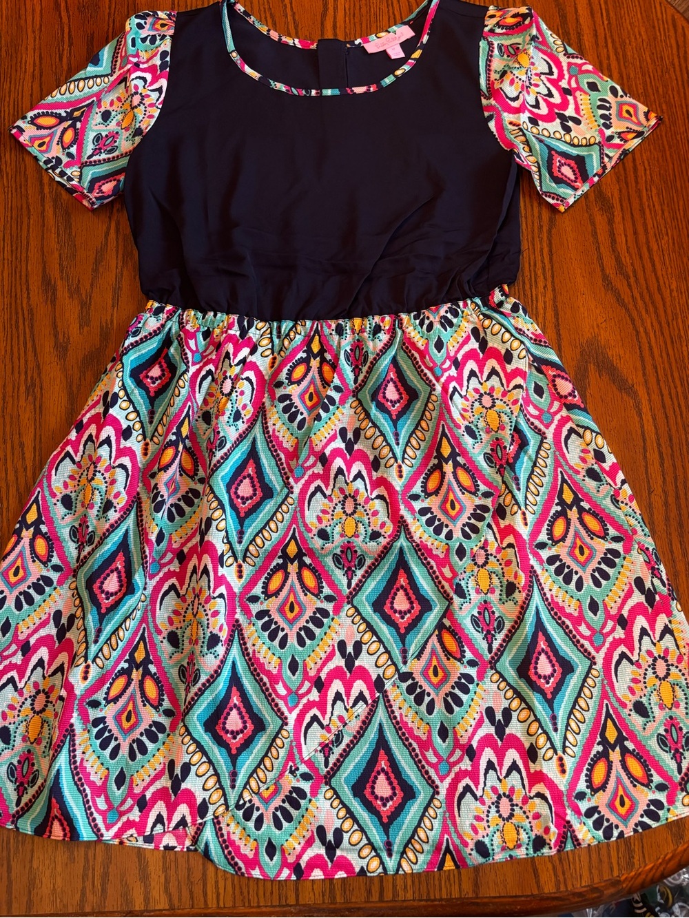 Lilly Pulitzer Navy Bodice Multicolor Patterned Short Sleeve Dress size M new